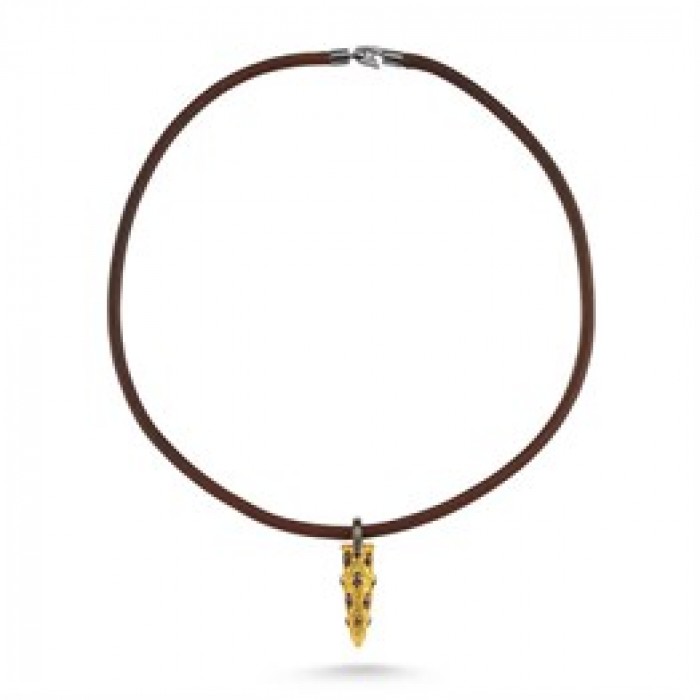 Leather Gold Plated Oxide Bullet Silver Necklace